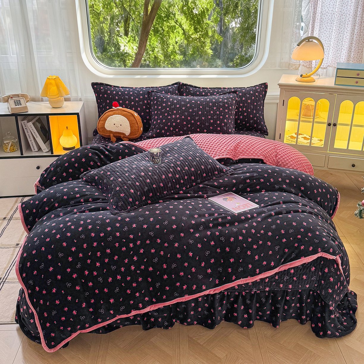 豫见家纺 2025新款加厚高克重牛奶绒豆豆绒花边床盖四件套 茉丽