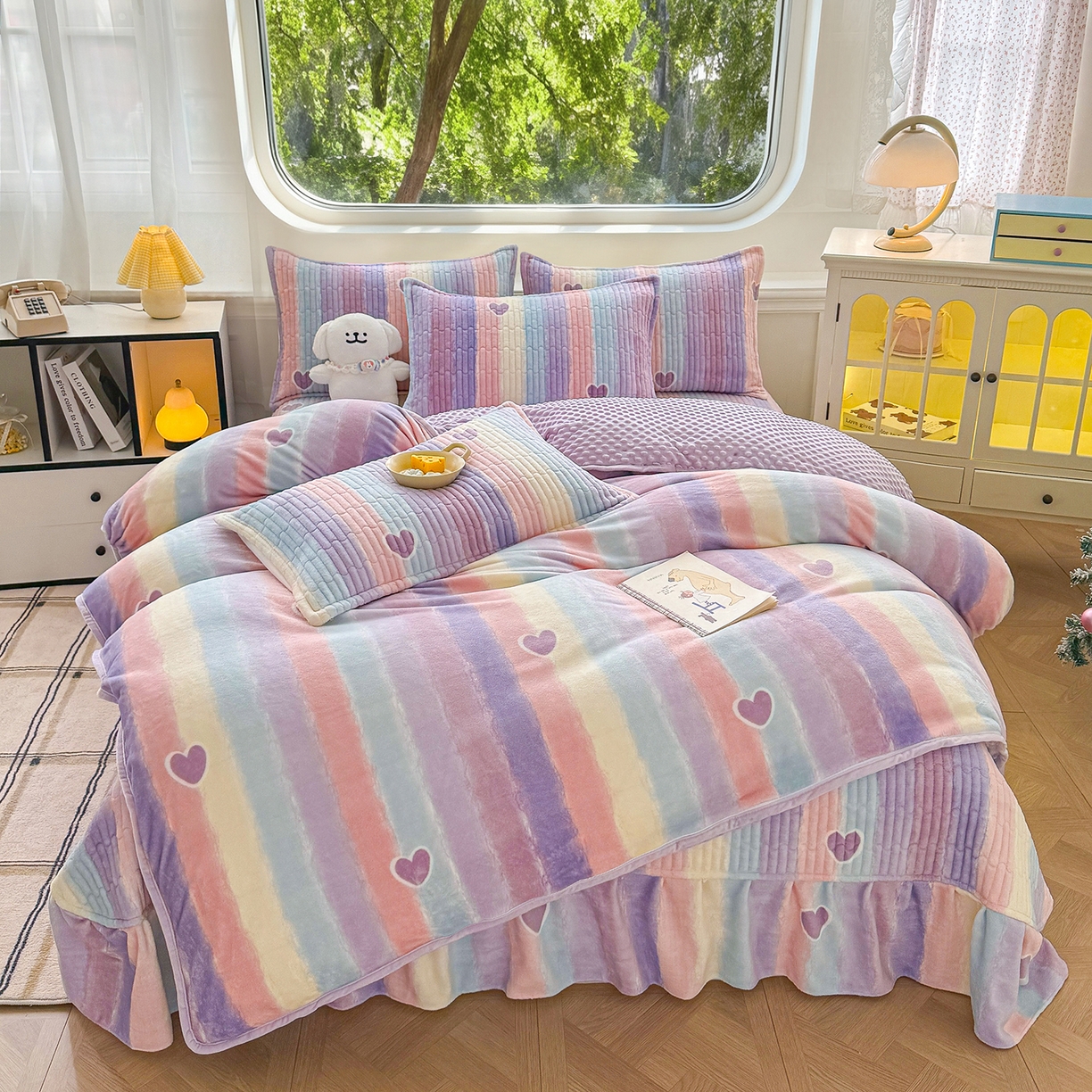 豫见家纺 2025新款加厚高克重牛奶绒豆豆绒花边床盖四件套 彩虹蜜糖