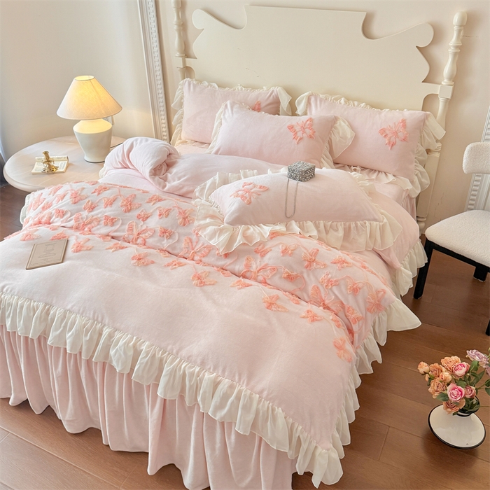 91家纺网 家纺一手货源 找家纺 （总）富盛家纺 2025新款牛奶绒床裙款盘花刺绣四件套韩版法式公主风--梦洛伊系列