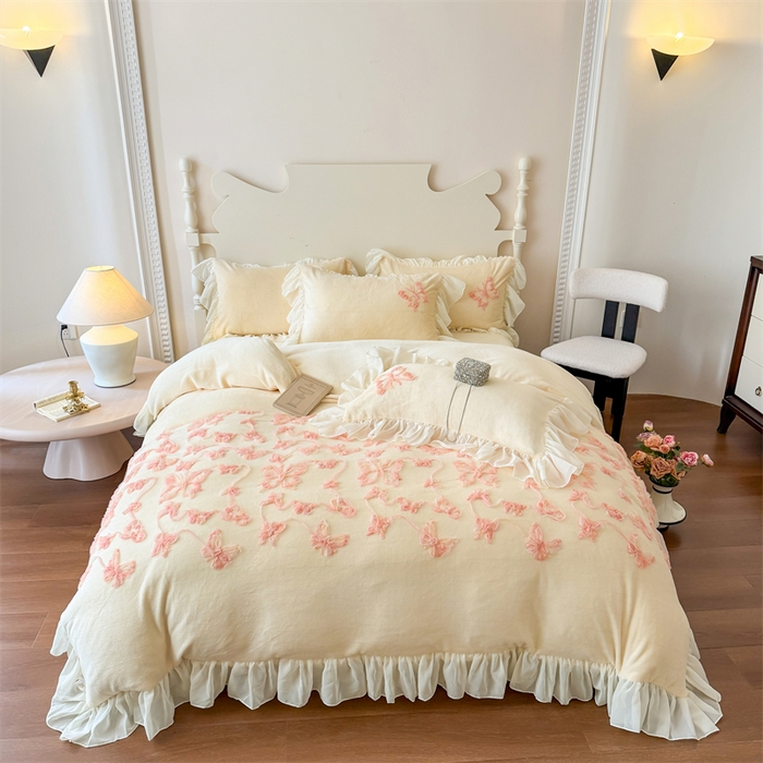 91家纺网 家纺一手货源 找家纺 富盛家纺 2025新款牛奶绒床裙款盘花刺绣四件套韩版法式公主风--梦洛伊系列 梦洛伊-黄