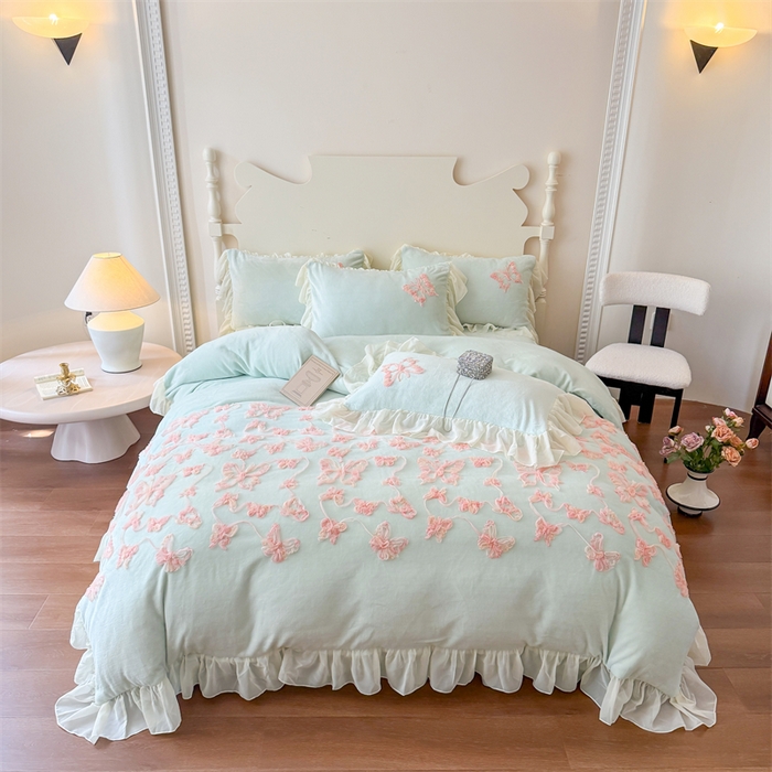 富盛家纺 2025新款牛奶绒床裙款盘花刺绣四件套韩版法式公主风--梦洛伊系列 梦洛伊-绿