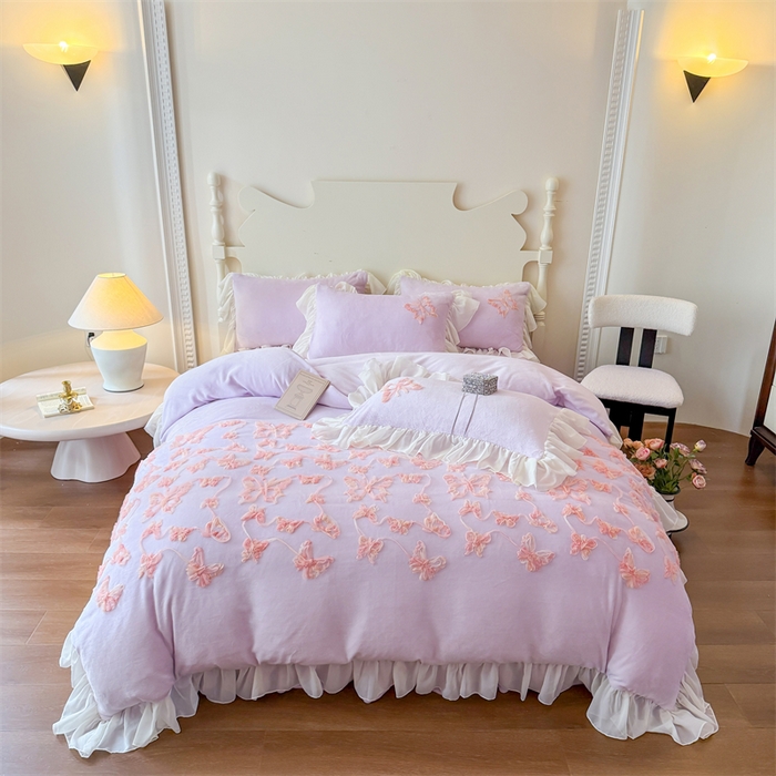 富盛家纺 2025新款牛奶绒床裙款盘花刺绣四件套韩版法式公主风--梦洛伊系列 梦洛伊-紫