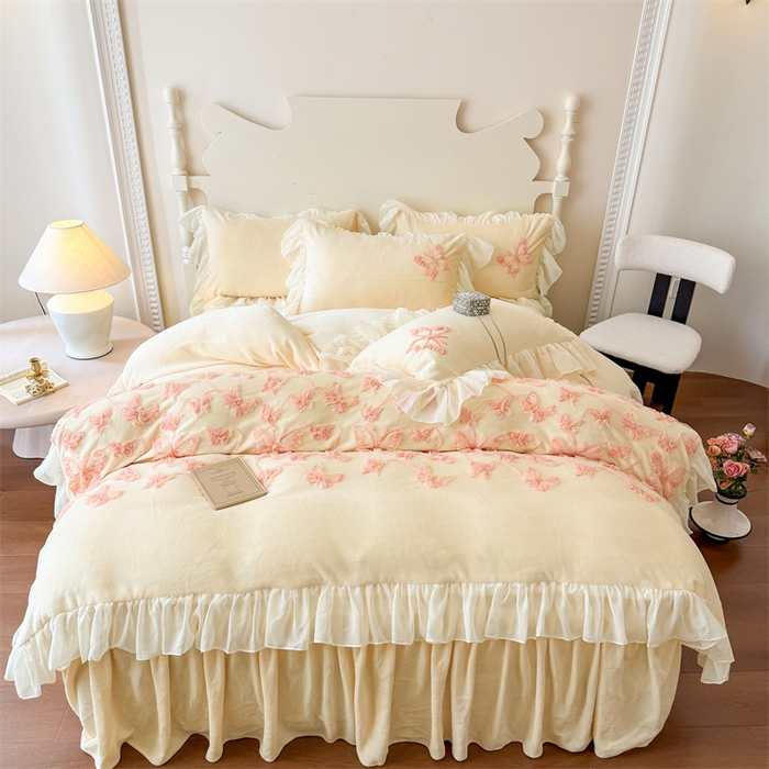 91家纺网 家纺一手货源 找家纺 富盛家纺 2025新款牛奶绒床裙款盘花刺绣四件套韩版法式公主风--梦洛伊系列 梦洛伊-黄