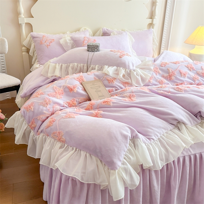 91家纺网 家纺一手货源 找家纺 富盛家纺 2025新款牛奶绒床裙款盘花刺绣四件套韩版法式公主风--梦洛伊系列 梦洛伊-紫