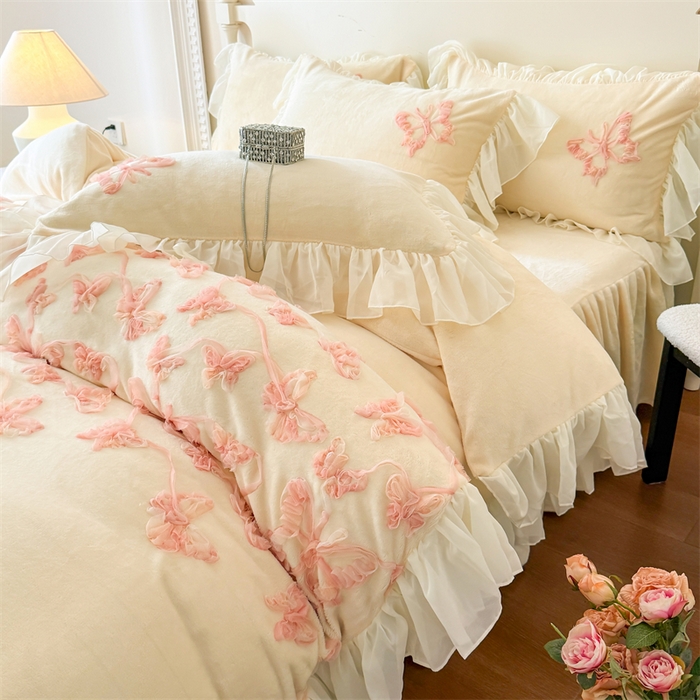 91家纺网 家纺一手货源 找家纺 富盛家纺 2025新款牛奶绒床裙款盘花刺绣四件套韩版法式公主风--梦洛伊系列 梦洛伊-黄