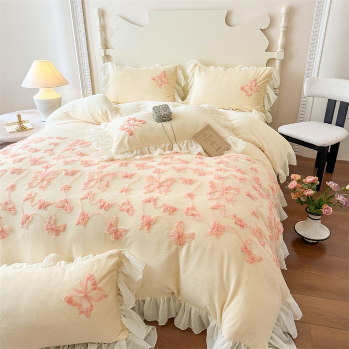 91家纺网 家纺一手货源 找家纺 富盛家纺 2025新款牛奶绒床裙款盘花刺绣四件套韩版法式公主风--梦洛伊系列 梦洛伊-黄