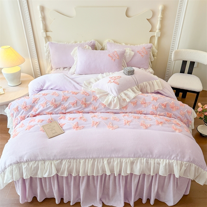 91家纺网 家纺一手货源 找家纺 富盛家纺 2025新款牛奶绒床裙款盘花刺绣四件套韩版法式公主风--梦洛伊系列 梦洛伊-紫