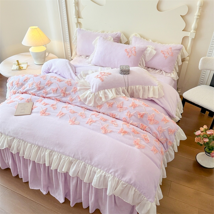 91家纺网 家纺一手货源 找家纺 富盛家纺 2025新款牛奶绒床裙款盘花刺绣四件套韩版法式公主风--梦洛伊系列 梦洛伊-紫