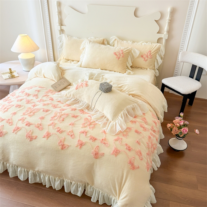 91家纺网 家纺一手货源 找家纺 富盛家纺 2025新款牛奶绒床裙款盘花刺绣四件套韩版法式公主风--梦洛伊系列 梦洛伊-黄