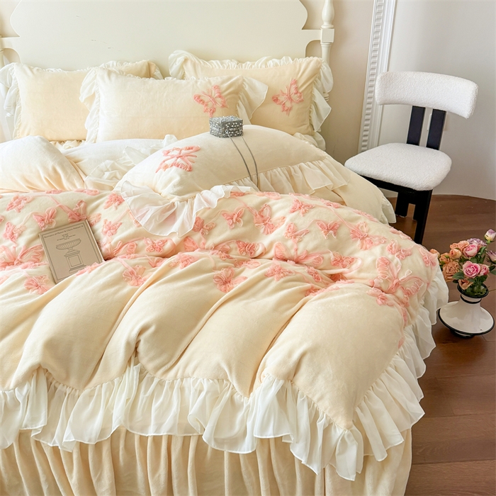 91家纺网 家纺一手货源 找家纺 富盛家纺 2025新款牛奶绒床裙款盘花刺绣四件套韩版法式公主风--梦洛伊系列 梦洛伊-黄