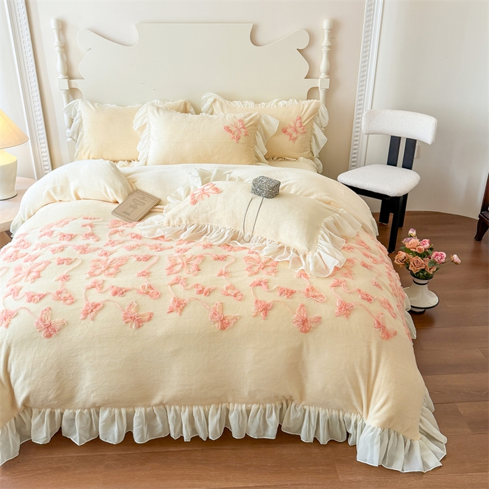 91家纺网 家纺一手货源 找家纺 富盛家纺 2025新款牛奶绒床裙款盘花刺绣四件套韩版法式公主风--梦洛伊系列 梦洛伊-黄