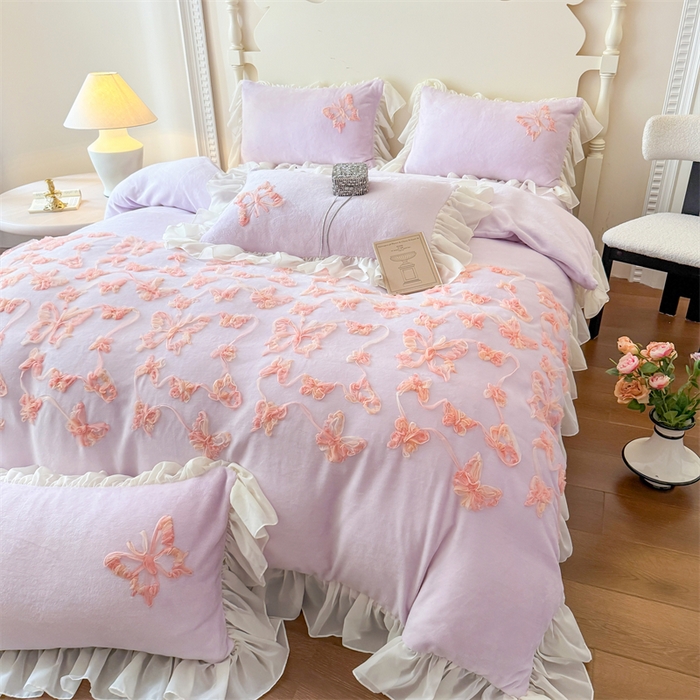 91家纺网 家纺一手货源 找家纺 富盛家纺 2025新款牛奶绒床裙款盘花刺绣四件套韩版法式公主风--梦洛伊系列 梦洛伊-紫