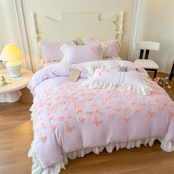 91家纺网 家纺一手货源 找家纺 富盛家纺 2025新款牛奶绒床裙款盘花刺绣四件套韩版法式公主风--梦洛伊系列 梦洛伊-紫