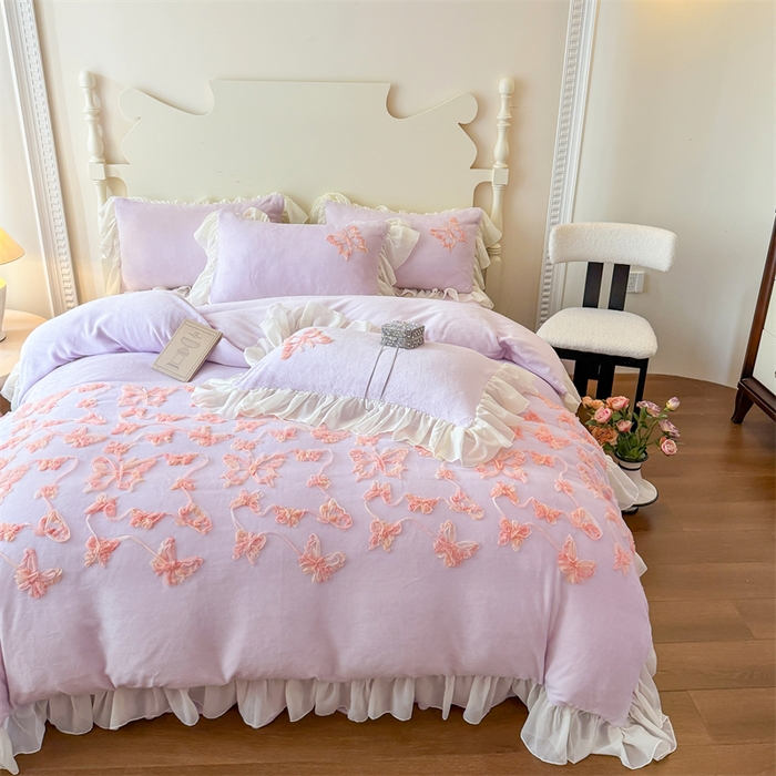 91家纺网 家纺一手货源 找家纺 富盛家纺 2025新款牛奶绒床裙款盘花刺绣四件套韩版法式公主风--梦洛伊系列 梦洛伊-紫