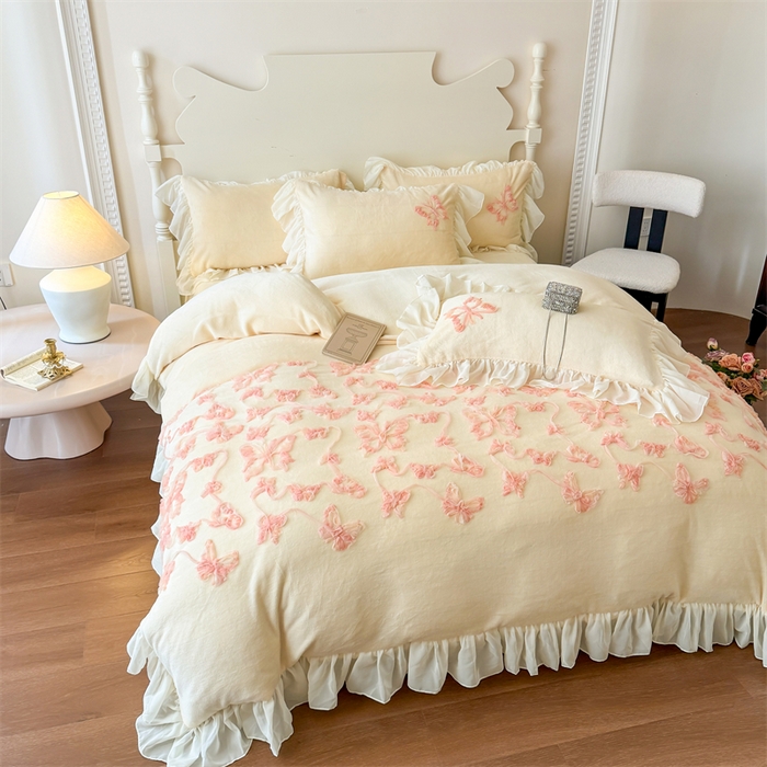 91家纺网 家纺一手货源 找家纺 富盛家纺 2025新款牛奶绒床裙款盘花刺绣四件套韩版法式公主风--梦洛伊系列 梦洛伊-黄