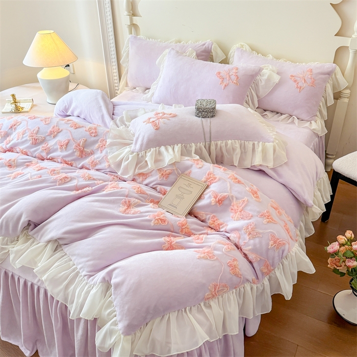 91家纺网 家纺一手货源 找家纺 富盛家纺 2025新款牛奶绒床裙款盘花刺绣四件套韩版法式公主风--梦洛伊系列 梦洛伊-紫