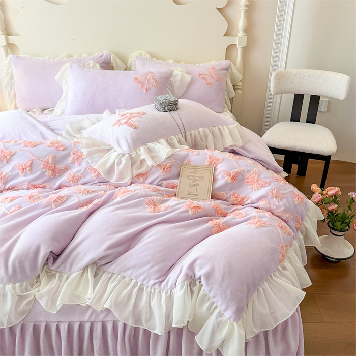 91家纺网 家纺一手货源 找家纺 富盛家纺 2025新款牛奶绒床裙款盘花刺绣四件套韩版法式公主风--梦洛伊系列 梦洛伊-紫