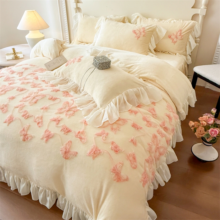 91家纺网 家纺一手货源 找家纺 富盛家纺 2025新款牛奶绒床裙款盘花刺绣四件套韩版法式公主风--梦洛伊系列 梦洛伊-黄