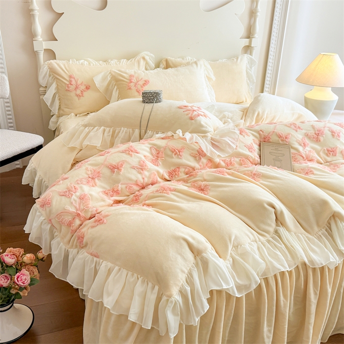 91家纺网 家纺一手货源 找家纺 富盛家纺 2025新款牛奶绒床裙款盘花刺绣四件套韩版法式公主风--梦洛伊系列 梦洛伊-黄