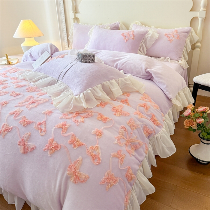 91家纺网 家纺一手货源 找家纺 富盛家纺 2025新款牛奶绒床裙款盘花刺绣四件套韩版法式公主风--梦洛伊系列 梦洛伊-紫