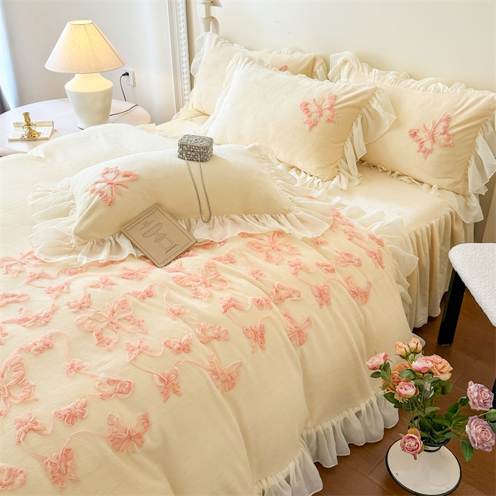 91家纺网 家纺一手货源 找家纺 富盛家纺 2025新款牛奶绒床裙款盘花刺绣四件套韩版法式公主风--梦洛伊系列 梦洛伊-黄