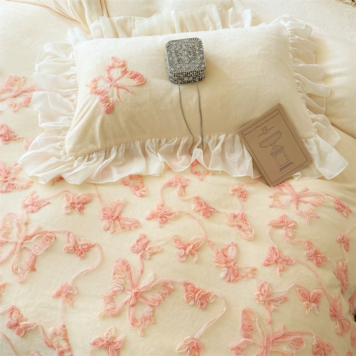 91家纺网 家纺一手货源 找家纺 富盛家纺 2025新款牛奶绒床裙款盘花刺绣四件套韩版法式公主风--梦洛伊系列 梦洛伊-黄