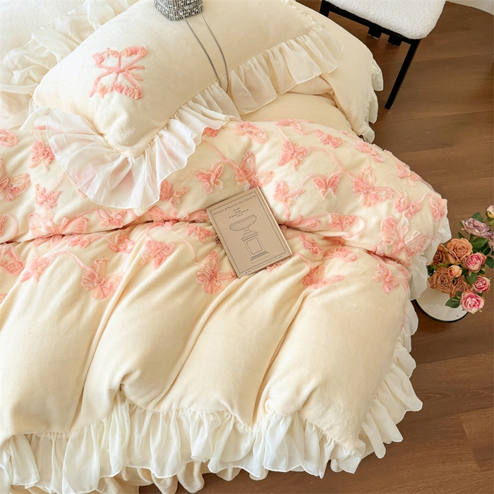 91家纺网 家纺一手货源 找家纺 富盛家纺 2025新款牛奶绒床裙款盘花刺绣四件套韩版法式公主风--梦洛伊系列 梦洛伊-黄