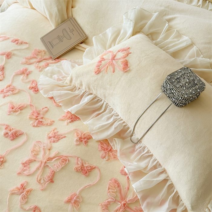 91家纺网 家纺一手货源 找家纺 富盛家纺 2025新款牛奶绒床裙款盘花刺绣四件套韩版法式公主风--梦洛伊系列 梦洛伊-黄