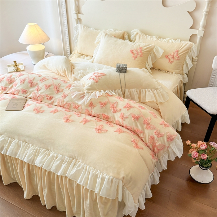 91家纺网 家纺一手货源 找家纺 富盛家纺 2025新款牛奶绒床裙款盘花刺绣四件套韩版法式公主风--梦洛伊系列 梦洛伊-黄