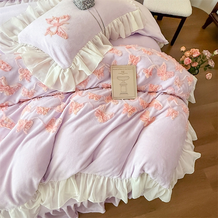91家纺网 家纺一手货源 找家纺 富盛家纺 2025新款牛奶绒床裙款盘花刺绣四件套韩版法式公主风--梦洛伊系列 梦洛伊-紫