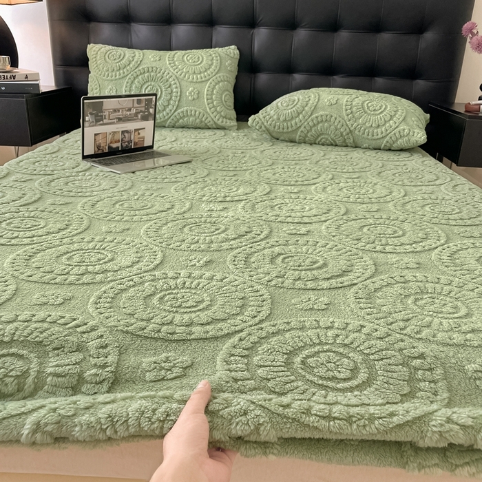 91家纺网 家纺一手货源 找家纺 莱家富 2026新款塔芙绒舒棉绒雕花绒单床笠 床笠单件-花朵系列（可提供压缩） 花朵-桑绿
