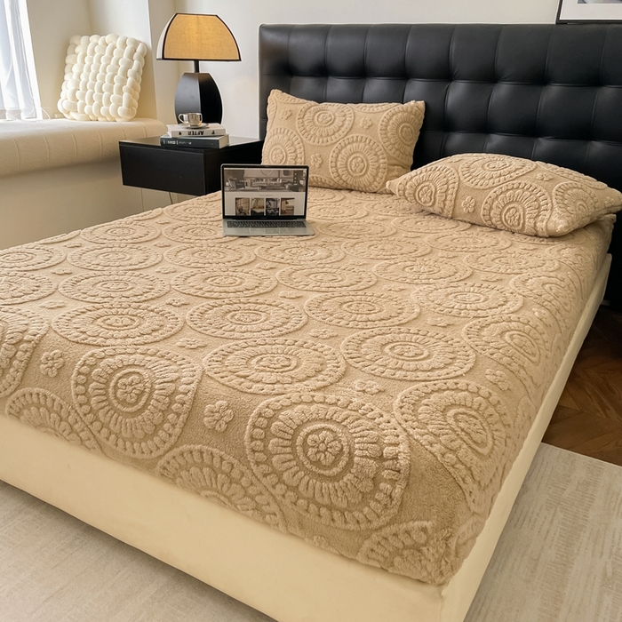 莱家富 2026新款塔芙绒舒棉绒雕花绒单床笠 床笠单件-花朵系列（可提供压缩） 花朵-米驼