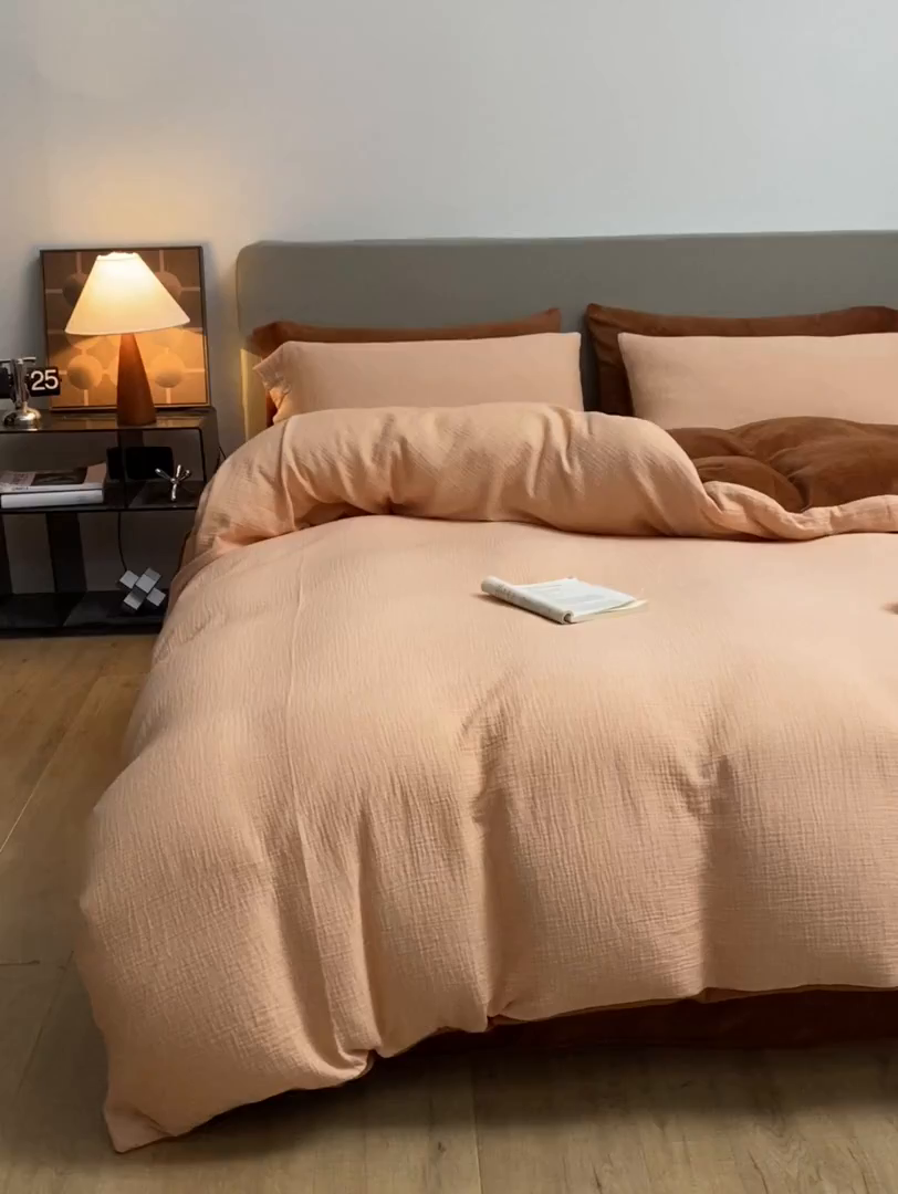 91家纺网 家纺一手货源 找家纺 （总）绒城 全棉泡泡双层纱拼牛奶绒四件套 棉拼绒四件套 棉加绒四件套 - 棉绒系列