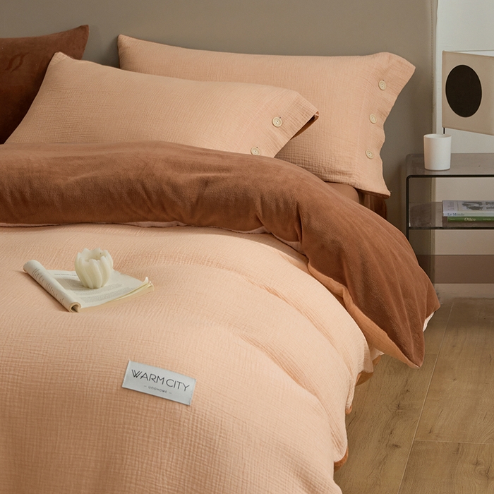 91家纺网 家纺一手货源 找家纺 （总）绒城 全棉泡泡双层纱拼牛奶绒四件套 棉拼绒四件套 棉加绒四件套 - 棉绒系列