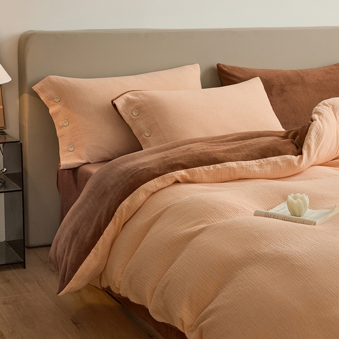 91家纺网 家纺一手货源 找家纺 （总）绒城 全棉泡泡双层纱拼牛奶绒四件套 棉拼绒四件套 棉加绒四件套 - 棉绒系列