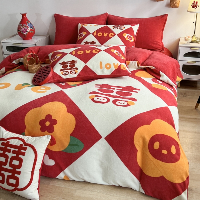 一电 2025新款网红花婚庆牛奶绒四件套结婚喜被大红色新婚被罩婚嫁妆被套床单 喜宝宝