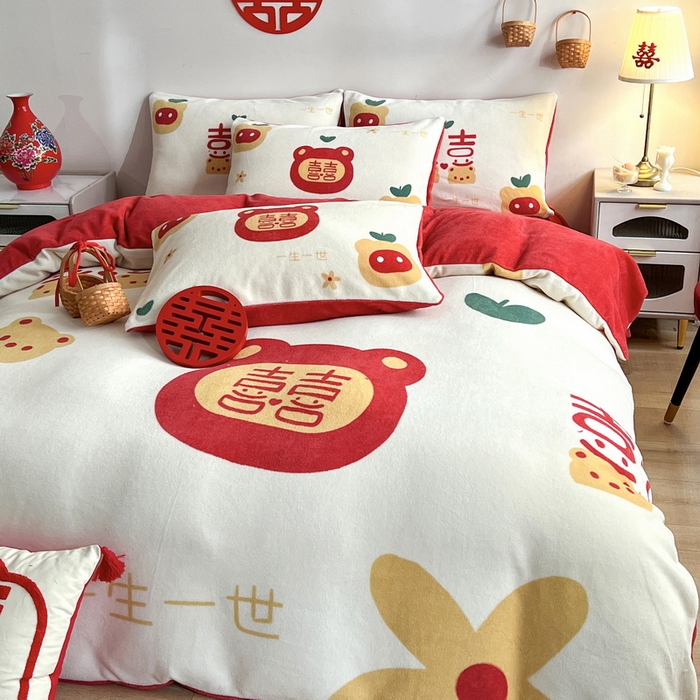 一电 2025新款网红花婚庆牛奶绒四件套结婚喜被大红色新婚被罩婚嫁妆被套床单 一生一世
