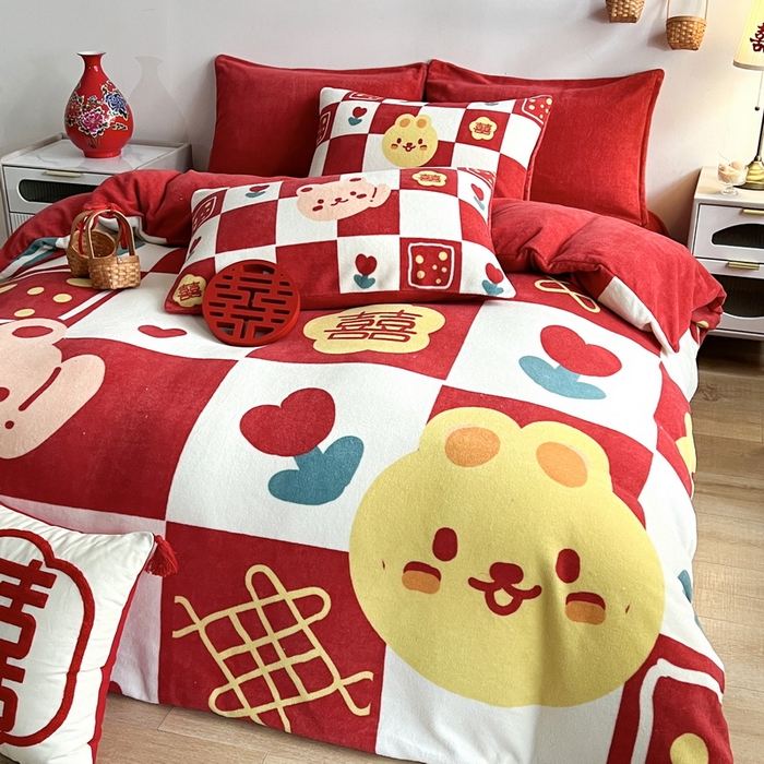 一电 2025新款网红花婚庆牛奶绒四件套结婚喜被大红色新婚被罩婚嫁妆被套床单 喜多多