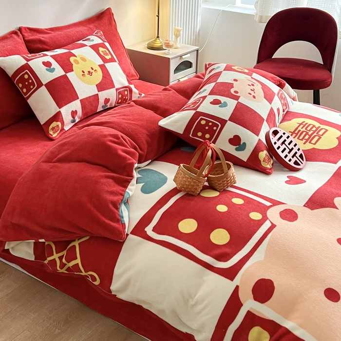 91家纺网 家纺一手货源 找家纺 一电 2025新款网红花婚庆牛奶绒四件套结婚喜被大红色新婚被罩婚嫁妆被套床单 喜多多