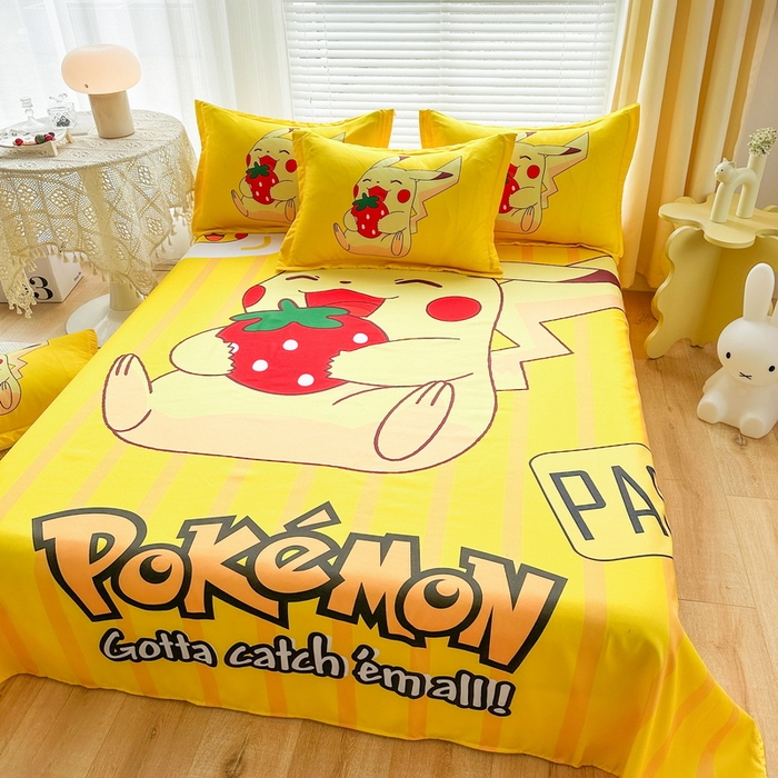 91家纺网 家纺一手货源 找家纺 一电 2025新款卡通床单单件被单学生宿舍被罩三件套单人儿童上下床床单-第一批 草莓皮卡丘