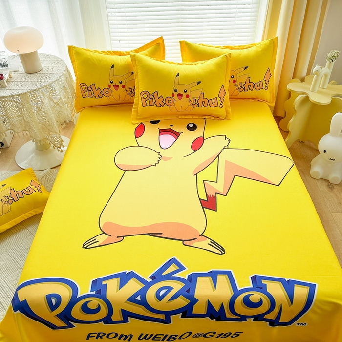 91家纺网 家纺一手货源 找家纺 一电 2025新款卡通床单单件被单学生宿舍被罩三件套单人儿童上下床床单-第一批 唱歌皮卡丘