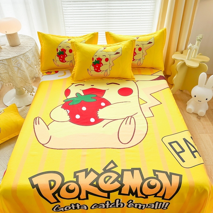 91家纺网 家纺一手货源 找家纺 一电 2025新款卡通床单单件被单学生宿舍被罩三件套单人儿童上下床床单-第一批 草莓皮卡丘