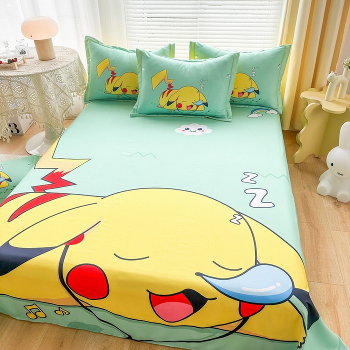 91家纺网 家纺一手货源 找家纺 一电 2025新款卡通床单单件被单学生宿舍被罩三件套单人儿童上下床床单-第一批 呼呼皮卡丘