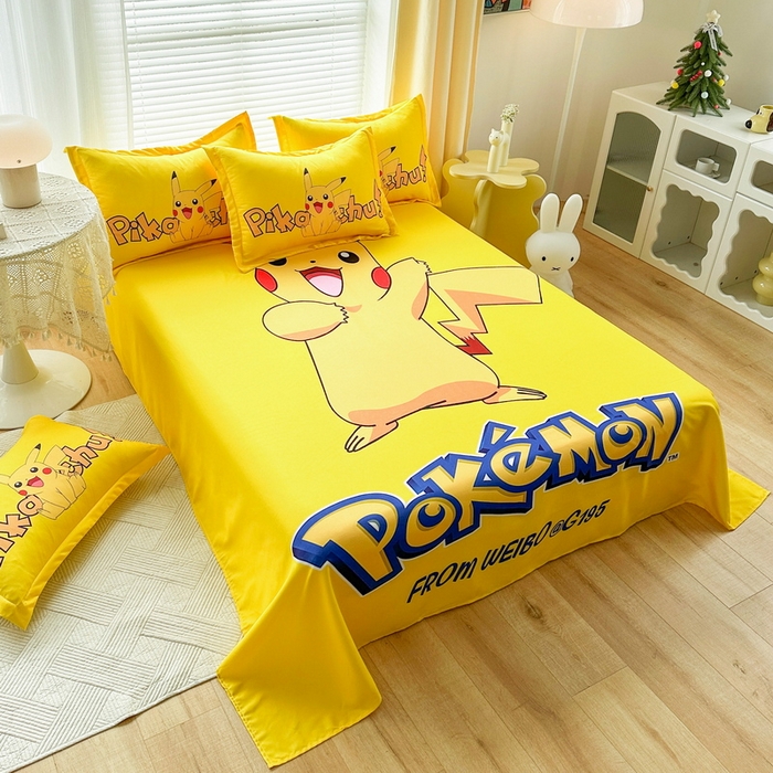 91家纺网 家纺一手货源 找家纺 一电 2025新款卡通床单单件被单学生宿舍被罩三件套单人儿童上下床床单-第一批 唱歌皮卡丘