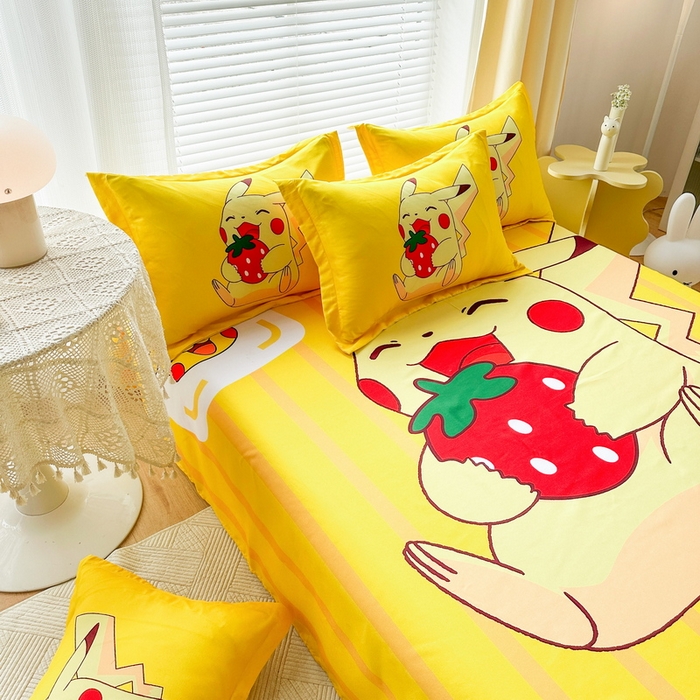 91家纺网 家纺一手货源 找家纺 一电 2025新款卡通床单单件被单学生宿舍被罩三件套单人儿童上下床床单-第一批 草莓皮卡丘