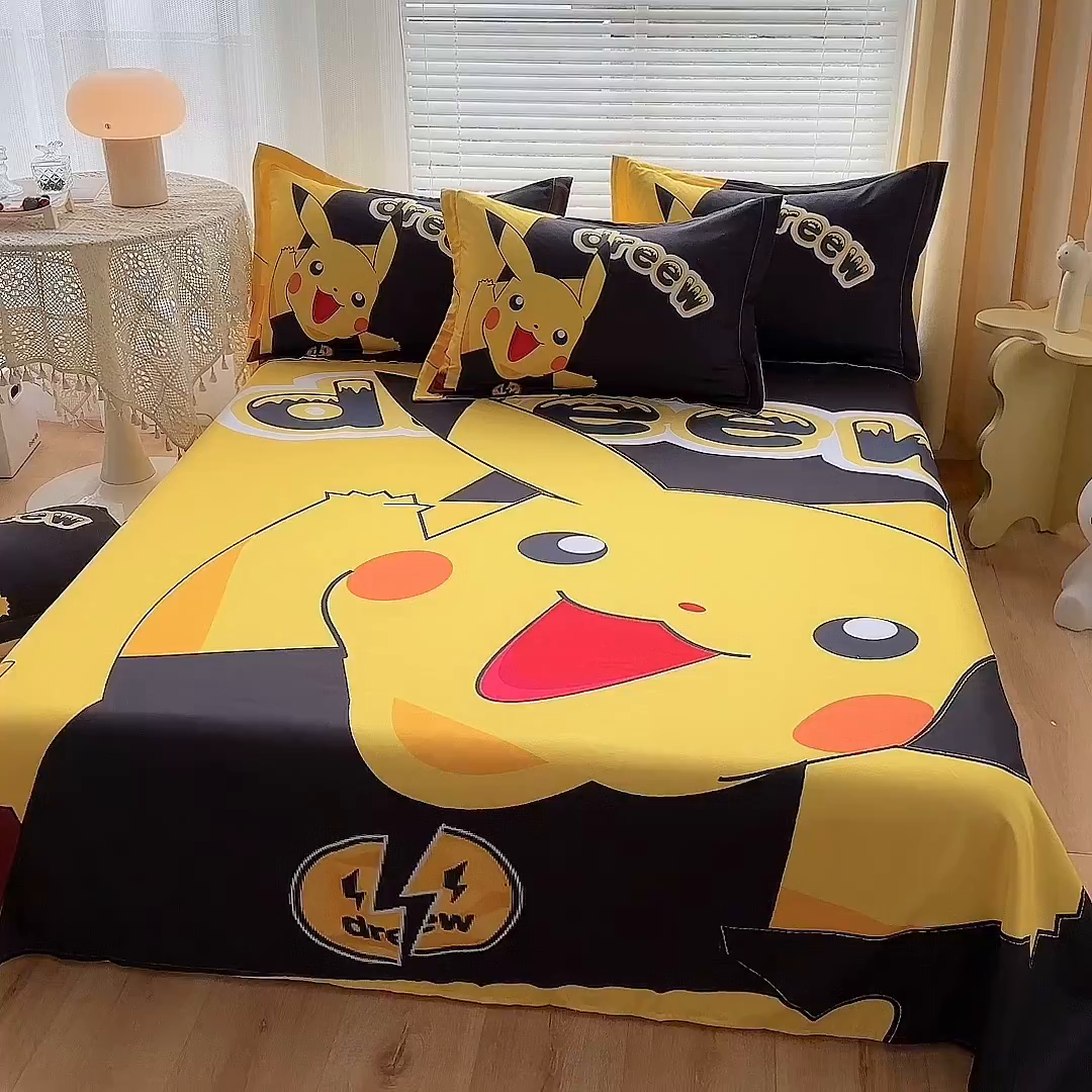 91家纺网 家纺一手货源 找家纺 一电 2025新款卡通床单单件被单学生宿舍被罩三件套单人儿童上下床床单-第一批 闪电皮卡丘