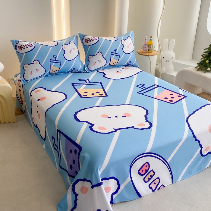 91家纺网 家纺一手货源 找家纺 一电 2025新款卡通床单单件被单学生宿舍被罩三件套单人儿童上下床床单-第二批 奶茶小熊