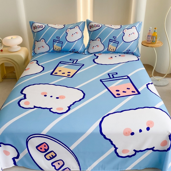 91家纺网 家纺一手货源 找家纺 一电 2025新款卡通床单单件被单学生宿舍被罩三件套单人儿童上下床床单-第二批 奶茶小熊