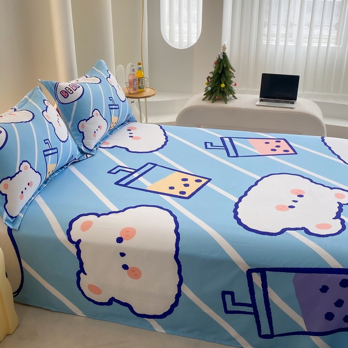 91家纺网 家纺一手货源 找家纺 一电 2025新款卡通床单单件被单学生宿舍被罩三件套单人儿童上下床床单-第二批 奶茶小熊