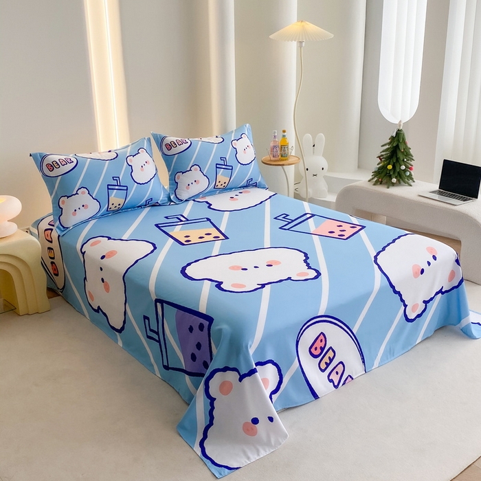 91家纺网 家纺一手货源 找家纺 一电 2025新款卡通床单单件被单学生宿舍被罩三件套单人儿童上下床床单-第二批 奶茶小熊